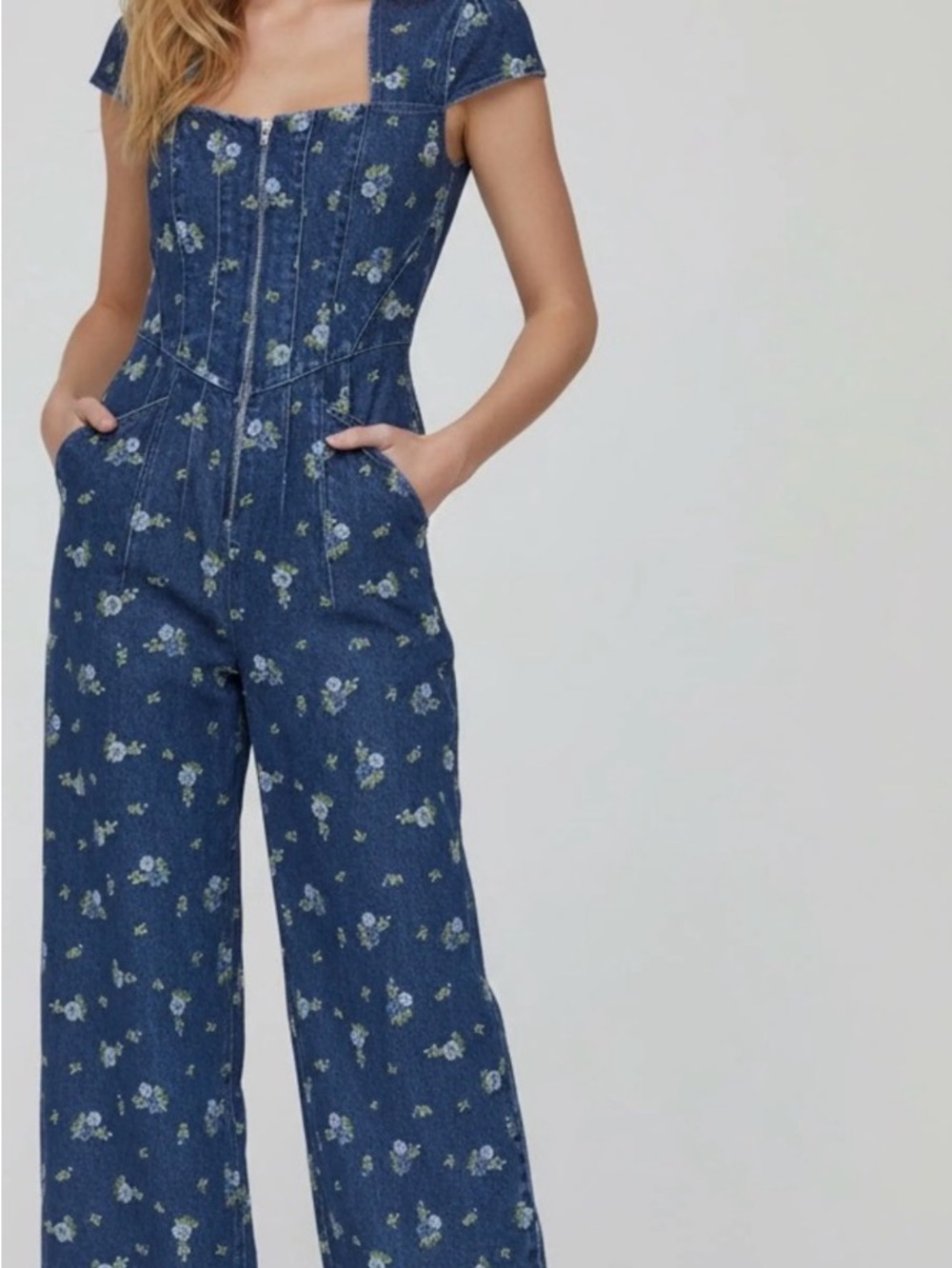 Avec Les Filles Denim Floral Wide-Leg Jumpsuit with Corset Style Bodice, Size 0